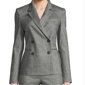Theory Linen Blend Double Breasted Blazer 6 Black White Sharkskin Crunch Office